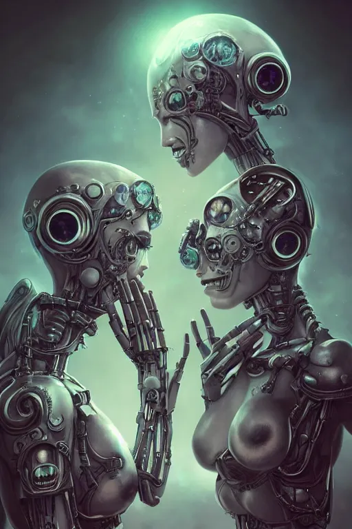 Image similar to twin Alien Robot concubines, facial tattoos, artists portrait, biomechanical, oppai, fantasy, highly detailed, photograph, concept art, sharp focus, depth of field blur, Mandelbrot fractal, art by artgerm and greg rutkowski and alphonse mucha and trevor brown, octane render