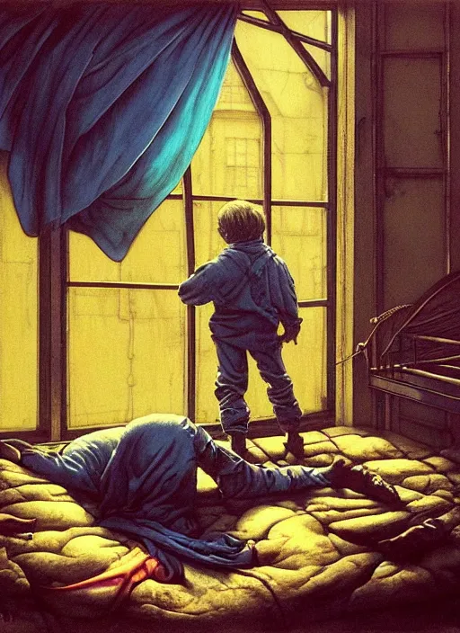 Prompt: small boy sleeping in a bed in an old soviet apartment. Boy looking at the window, behind the window there is a dead native american standing archer at blue night by Ayami Kojima, Amano, Karol Bak, Greg Hildebrandt, and Mark Brooks, Neo-Gothic, gothic, rich deep colors. Beksinski painting, part by Adrian Ghenie and Gerhard Richter. art by Takato Yamamoto. masterpiece. realistic detailed image