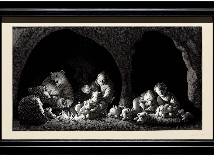 Image similar to Pieter Claesz's 'bear and her cubs sleeping in a dark cave lit by campfire', night time, cross hatching, framed