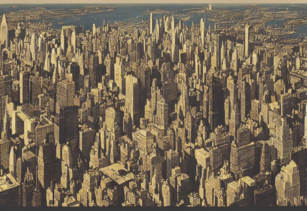 Image similar to Modern New York, high contrast, Ludek Pesek, Rick Guidice, Chesley Bonestell, Lucien Rudaux, Rolf Klep, Fred Freeman, George Pal