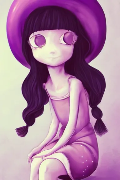 Prompt: a little girl wearing a mushroom hat in dress sitting | | purple curvy hair, pretty face, fine details, digial art by lois van baarle and rhads, anatomically correct, perfect composition, symmetrical, fantastic, clean details, anime character, extremely detailed