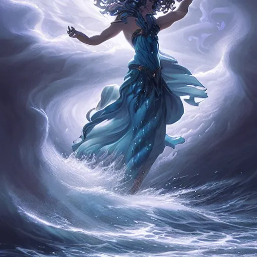 Image similar to powerful goddess of water clothed in swirling water striding through a stormy sea, highly detailed matte fantasy painting, stormy lighting, by Ross Tran and Artgerm and Peter Mohrbacher