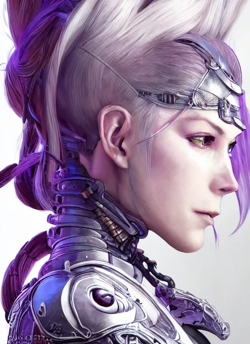 Prompt: close up portrait of a pale woman in bionic armor with purple ponytail hair, elegant, stoic, intense, sylvanas, ultrafine hyperdetailed illustration by kim jung gi, irakli nadar, intricate linework, sharp focus, octopath traveler, yoji shinkawa, highly rendered, global illumination, radiant light, detailed, intricate environment