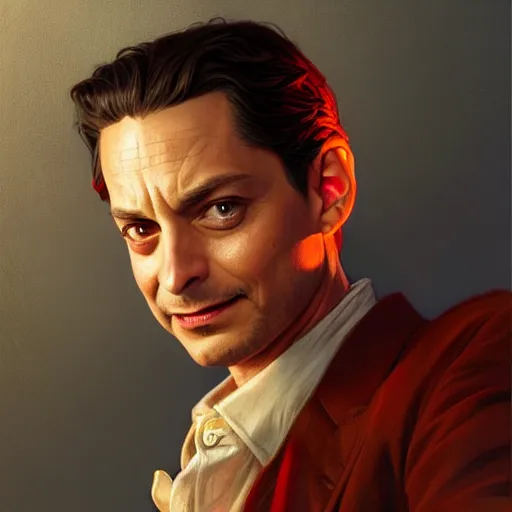 Image similar to handsome Tobey Maguire as Goblin Jr, western, D&D, fantasy, intricate, elegant, highly detailed, digital painting, artstation, concept art, matte, sharp focus, illustration, art by Artgerm and Greg Rutkowski and Alphonse Mucha