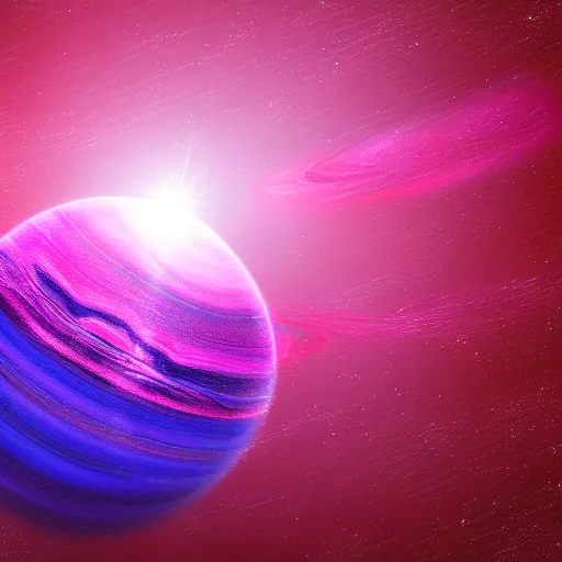 Image similar to digital brush stroke painting of planet in space, red, purple, pink.