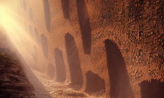 Image similar to beautiful photograph of a vertical tunnel made of raindrops in the blue sky, between a dried up river and the sun, highly-detailed, fantastic, dramatic lighting, artstation, 4k