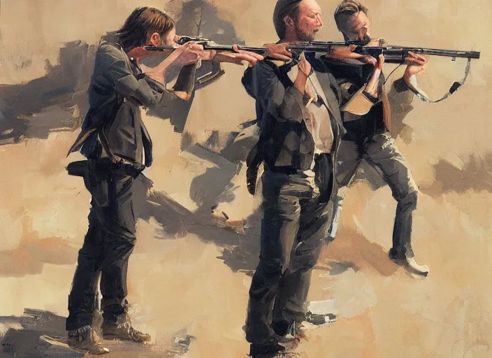 Image similar to a highly detailed beautiful portrait of thom yorke shooting an ak 4 7, by gregory manchess, james gurney, james jean