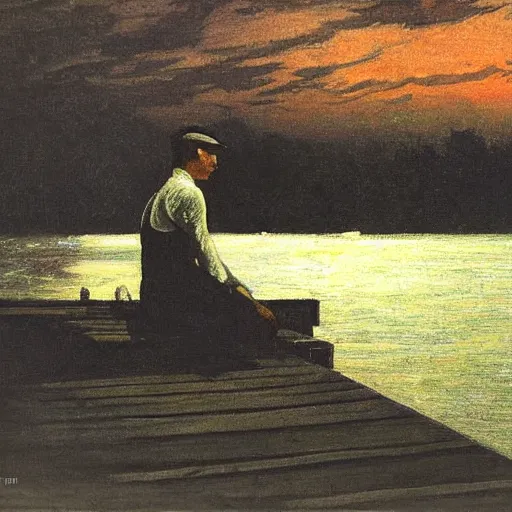 Image similar to gatsby on his dock at night, looking at the dim green light across the water, realism, detailed, atmospheric,