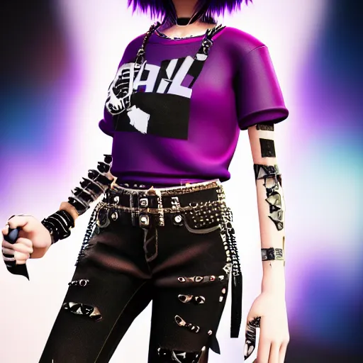 Image similar to high detail unreal engine render of a punk woman in a cropped t - shirt and studded arm bands and a studded belt and ripped black jeans with purple emo hair screaming into a microphone in pixar style 4 k