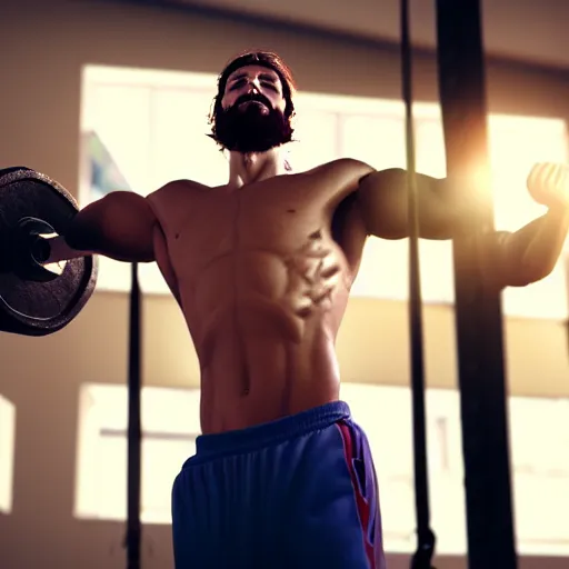 Image similar to Jesus lifting weights in gym, photorealistic, 4K