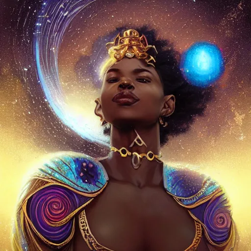 Image similar to an african celestial goddess with exploding nebula in background, kemetic, D&D, fantasy, intricate, elegant, highly detailed, digital painting, artstation, concept art, matte, sharp focus, illustration, art by Artgerm and Greg Rutkowski and Alphonse Mucha