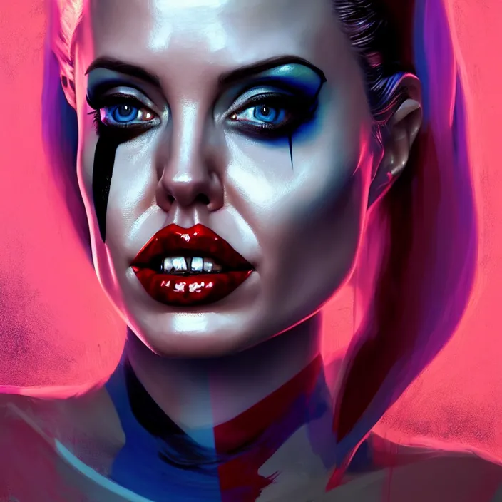 Image similar to portrait of Angelina Jolie as a harley quinn. intricate abstract. intricate artwork. by Tooth Wu, wlop, beeple, dan mumford. octane render, trending on artstation, greg rutkowski very coherent symmetrical artwork. cinematic, hyper realism, high detail, octane render, 8k, iridescent accents