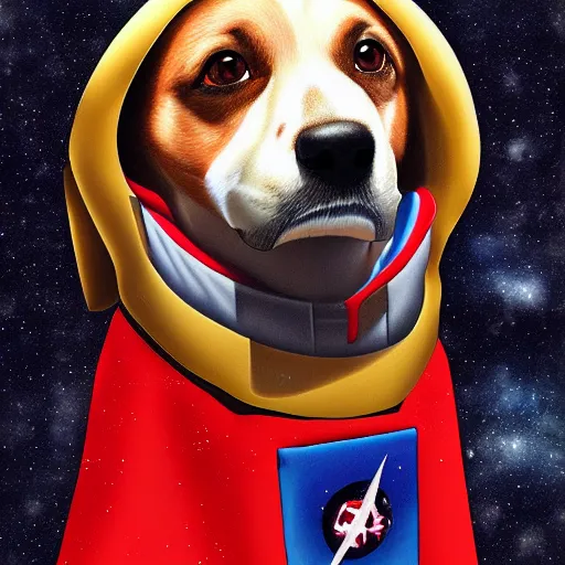Image similar to 5 dogs wearing capes in space, digital art, cinematic