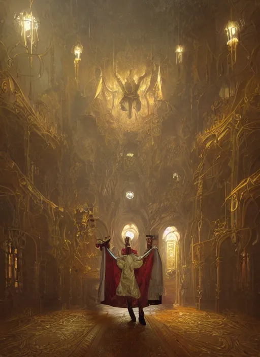 Image similar to surrealistic portrait of anthropomorphic caracal in golden priest clothes wearing vr in orthodox church, bokeh, foggy, dynamic lighting, darkness, ambients, dramatic, foggy, heavy bokeh and blur, cinematic, depth of field, art by bussiere rutkowski andreas rocha