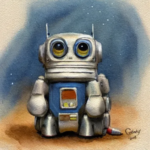 Image similar to painting of a small animal robot, gouache, james gurney, disney, ghibli, miyazaki, manga, concept art, watercolor