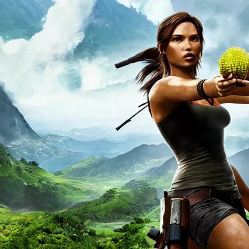 Image similar to Lara croft eating durian, cinematic, ads photo