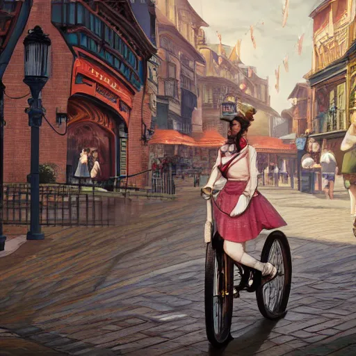 Prompt: girl riding on bike through victorian town square, digital art, by ben weiner, richard estes, range murata, akiyuki shinbou, yoshitaka amano, wlop, highly detailed, realistic, cinematic, bold colours, photorealism, 4 k, wide angle lens, trending on artstation, artgerm