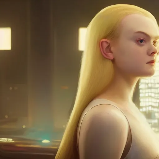 Prompt: Painting of Elle Fanning in Cyberpunk 2077, long blonde hair, delicate, pale milky white porcelain skin, by Edward Hopper. 8K. Extremely detailed.