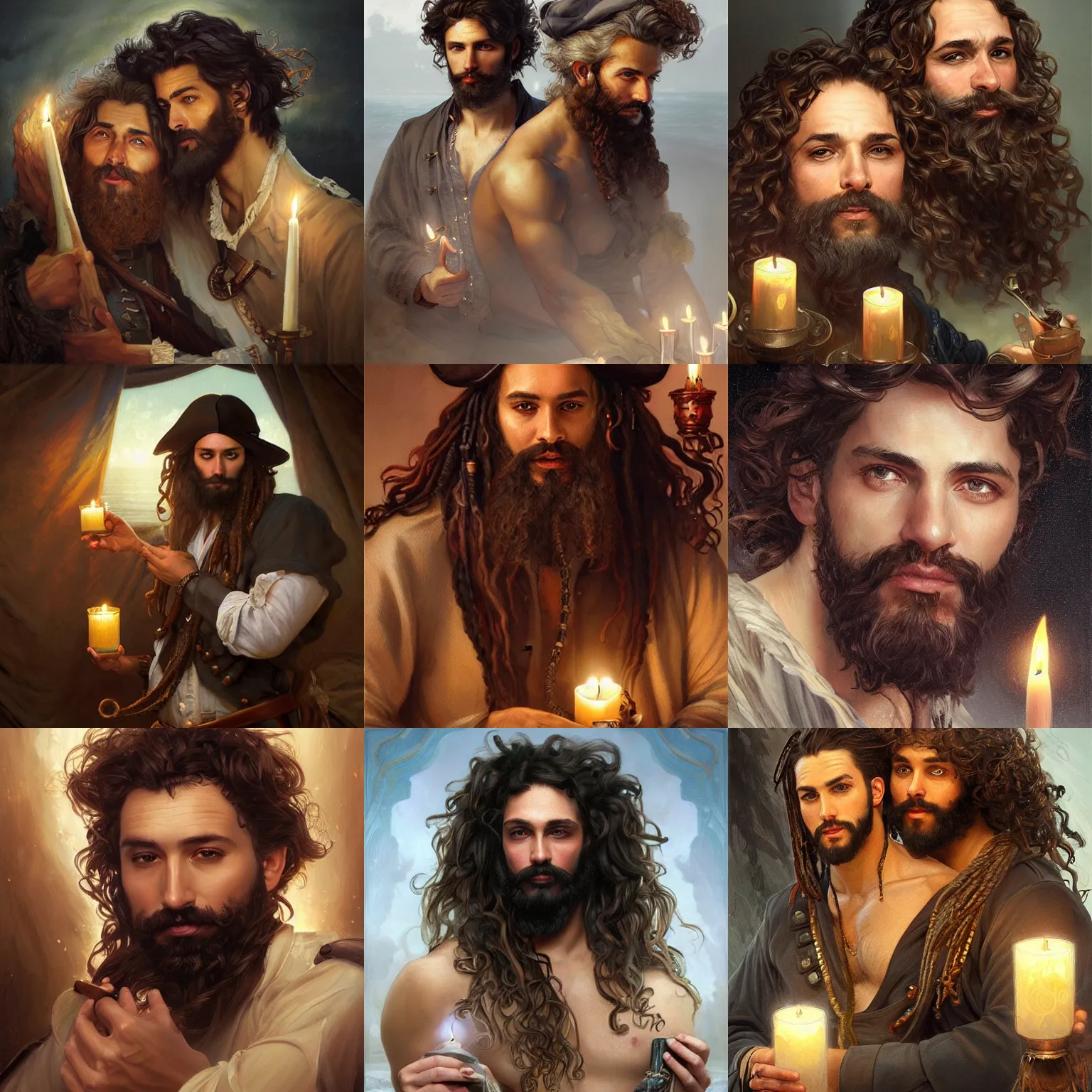 Prompt: oil painting Portrait of beautiful male pirates with long curly dark salt and pepper hair and long curly beards embracing in warm candlelight, intricate, elegant, highly detailed, digital painting, artstation, concept art, smooth, sharp focus, illustration, art by artgerm and greg rutkowski and alphonse mucha, daily deviation, IAMAG, masterpiece portrait