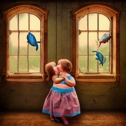 Prompt: the same style. the most beautiful little fat sweet girl is kissing a huge colorful cute fish. modern etching. colored print. hype realistic scene. old photography style. studio lighting. window. 3 d, octane render, deep focus, zbrush