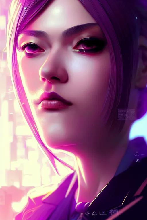 Image similar to hyperdetailed very close portrait of a european thirty years old woman in an elegant suit with a pin in a cyberpunk city inspired by ross tran and wlop and masamune shirow and kuvshinov, concept art, intricate, photorealistic, octane render, rtx, hdr, unreal engine, dnd digital art by artgerm fine face