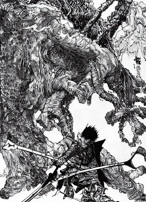 Prompt: a monstrous fungus samurai swinging a large nodachi, by takehiko inoue, masterpiece ink illustration