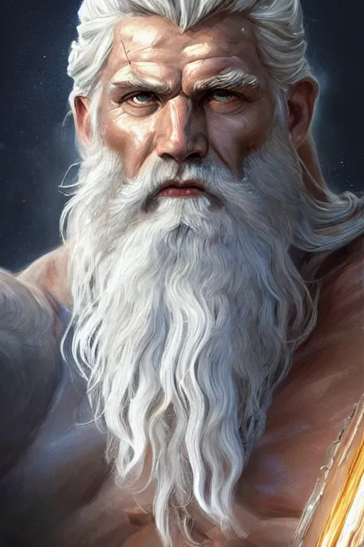 Image similar to painted portrait of rugged zeus, god of thunder, greek god, white hair, masculine, powerful, handsome, upper body, white robe, muscular, hairy torso, fantasy, intricate, elegant, highly detailed, digital painting, artstation, concept art, smooth, sharp focus, illustration, art by gaston bussiere and magali villeneuve