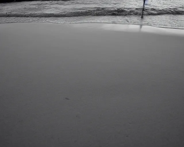 Prompt: low angle shot of empty beach, sunrise, cinematography by jim jarmusch