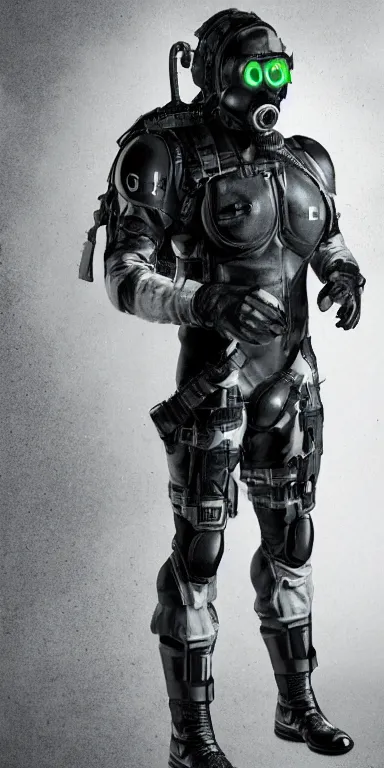 Prompt: full body cinematic shot of a male time traveling intelligence agent in a black and greyscale sealed continuity suit, masculine, simple and functional with gaiter-style gas mask, a mix between splinter cell and metal gear solid by alphonse mucha