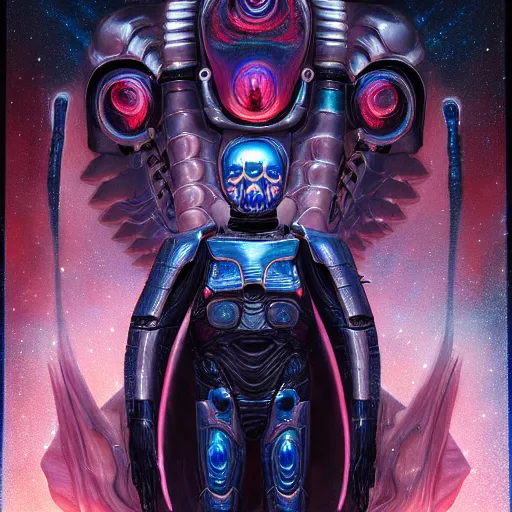 Image similar to 'Quantum Lord' A beautiful detailed sci-fi portrait painting depicting 'The dark lord of universe, standing in his shimmering quantum armor in front of space' by Wayne Barlowe and Takashi Murakami, Trending on cgsociety artstation, 8k, masterpiece, highly detailed.