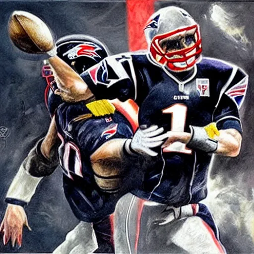 Prompt: Dark fantasy painting of quarterback Tom Brady being decapitated by a vicious tackle from a linebacker