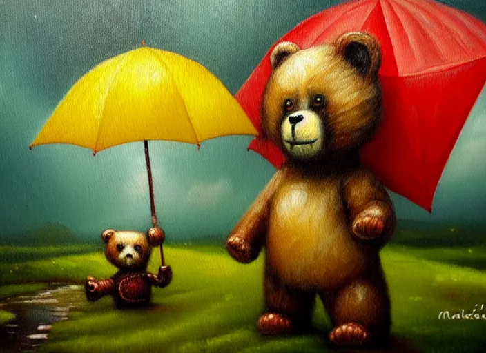 Image similar to detailed oil painting of teddy bear with umbrella by marc simonette and alexander jansson, stormy weather, concept art