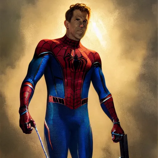 Image similar to ryan reynolds as spider - man, wearing a black and blue suit, cinematic, volumetric lighting, f 8 aperture, cinematic eastman 5 3 8 4 film, photorealistic by greg rutkowski, by stanley artgerm, by alphonse mucha