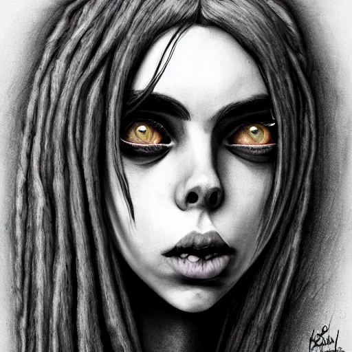 Image similar to michael karcz grunge drawing of billie eilish. , in the style of corpse bride, loony toons style, horror themed, detailed, elegant, intricate, trending on artstation, 4k