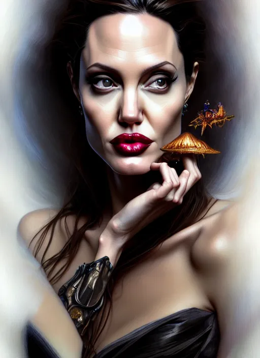 Prompt: portrait of angelina jolie, volumetric lights, feast, music notes, art nouveau botanicals, gothic, intricate, highly detailed, digital painting, artstation, concept art, smooth, sharp focus, symmetric face, illustration, steampunk, art by artgerm and greg rutkowski and alphonse mucha