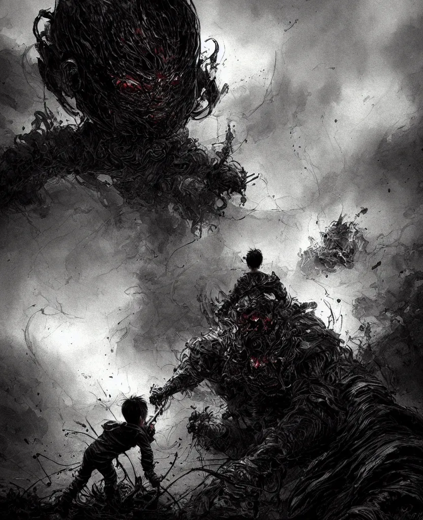 Image similar to a painting small boy fighting a giant, dark colors, sinister atmosphere, dramatic lighting, cinematic, establishing shot, extremely high detail, photo realistic, cinematic lighting, pen and ink, intricate line drawings, by Yoshitaka Amano, Ruan Jia, Kentaro Miura, Artgerm, post processed, concept art, artstation, matte painting, style by eddie mendoza, raphael lacoste, alex ross,