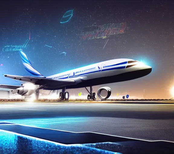 Prompt: immense futuristic jet plane arrives at runway of cyberpunk airport at night ,cinematic lighting, realistic photo , concept art