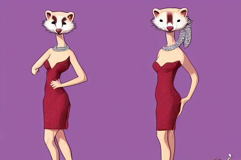 Prompt: detailed illustration : ferret character : wearing diamonds : wearing a stravagant dress : wearing stiletto : head torso legs feet : behance artstation