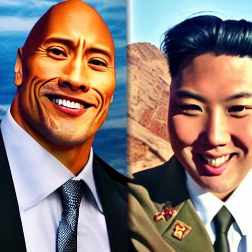 Image similar to dwayne the rock johnson and kim jong - un, selfie, phone photo,