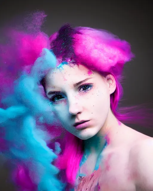 Prompt: a dramatic backlight lighting photo of a beautiful young woman with cotton candy hair. paint splashes. with a little bit of cyan and pink