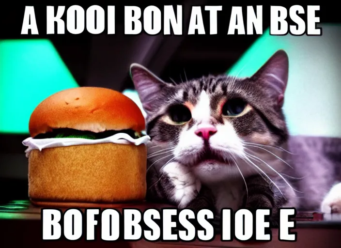 Image similar to a cat is the boss in mc donalds, synthwave style