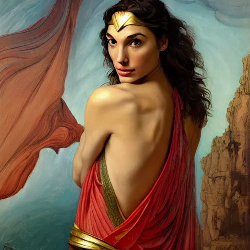 Image similar to Oil painting of the beautiful woman Gal Gadot, she is wearing some withe ancient greek cloths and a surreal ornate, her hair is natural disheveled, naturalism, dramatic lighting, high-detailed oil painting by Ilya Repin, Michelangelo da Caravaggio, William Blake, Alex Grey and Beksinski, trending on Artsatio, masterpiece, 4k, 8k,