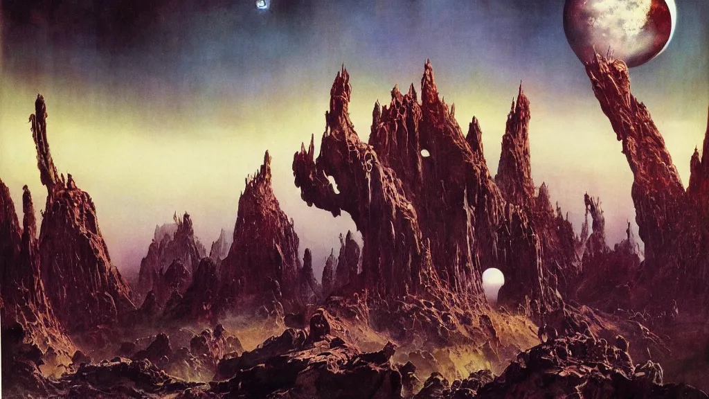 Image similar to surreal eerie alien planet empire by frank frazetta and bruce pennington, cinematic matte painting