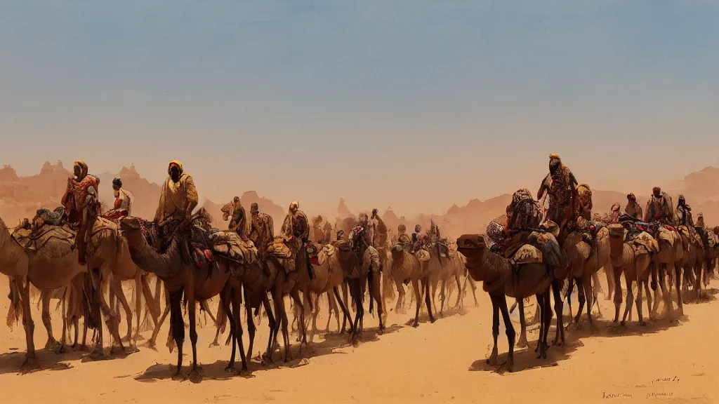 Image similar to view of arabian merchants lined up riding camels in the desert, watercolored, jakub rozalski, dark colours, dieselpunk, artstation