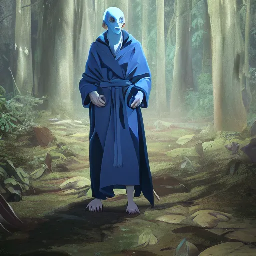 Prompt: concept art painting of an anthropomorphic humanoid albino raven wearing dark blue robes, in the deep forest, realistic, detailed, cel shaded, in the style of makoto shinkai and greg rutkowski and james gurney