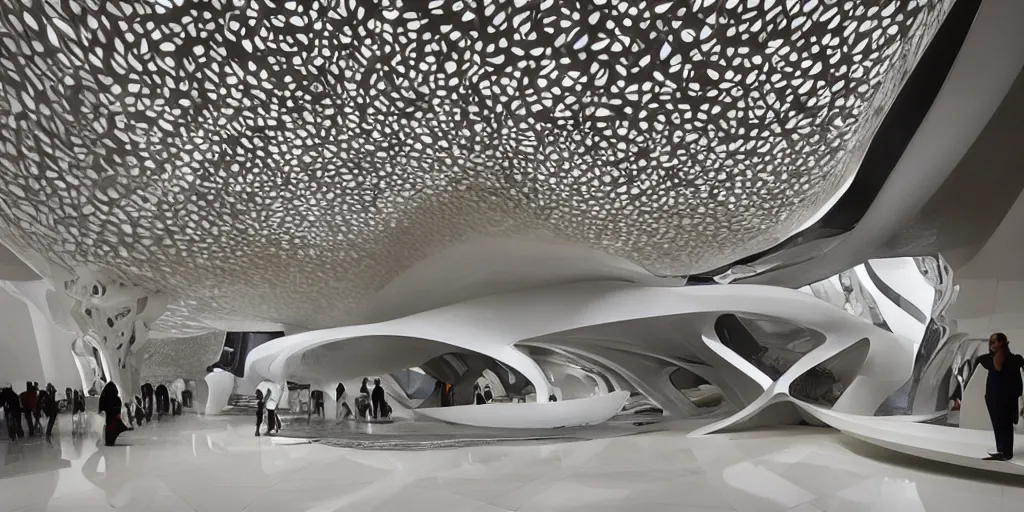 Image similar to extremely detailed ornate stunning beautiful elegant futuristic museum lobby interior by Zaha Hadid