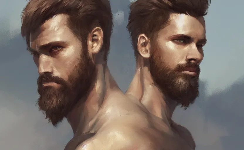 Image similar to a painting of arkul trending on artstation in the style of greg rutkowski, beautiful, male, sensual, natural skin, muscular, stubble