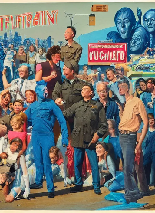 Prompt: a group of people standing around a cardboard box full of alien babies, an ultrafine detailed painting by john philip falter, shutterstock, american scene painting, movie still, concert poster, poster art