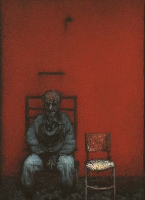 Image similar to beksinski style older man sitting on a chair in dark basement with red walls and one window