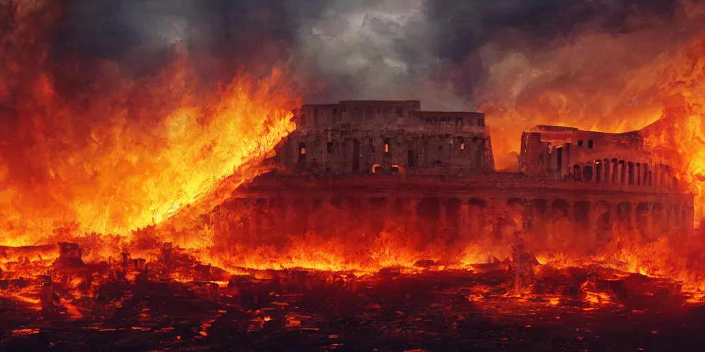 Prompt: Painting of the great fire of rome, abstract, realism, 8k, detailed, terror, octane render, 3d render, complex emotion, glow, orange, beautiful, cinematic